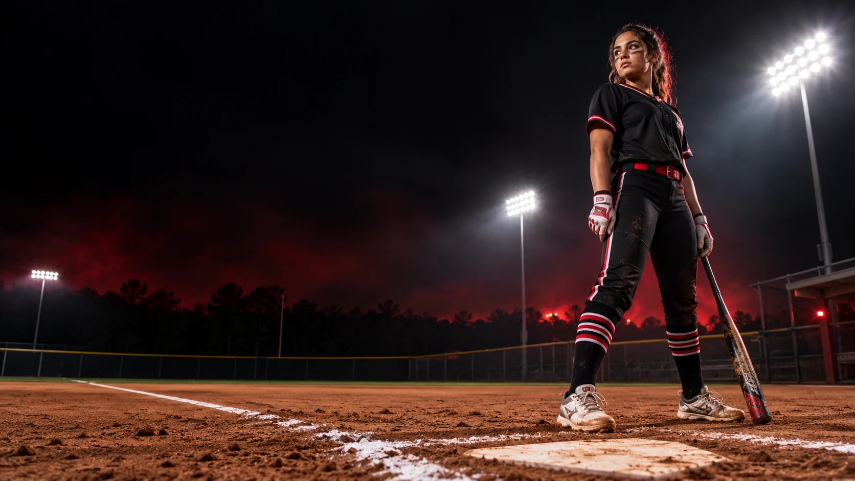 Atlet fastpitch berdiri di lapangan malam hari